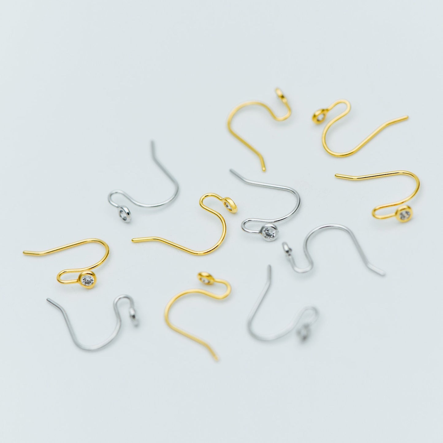 10pcs CZ Pave Gold/ Silver tone Earring Hooks, Real Gold/ Rhodium plated Brass, Simple Earwires with CZ End 15mm (GB-599)