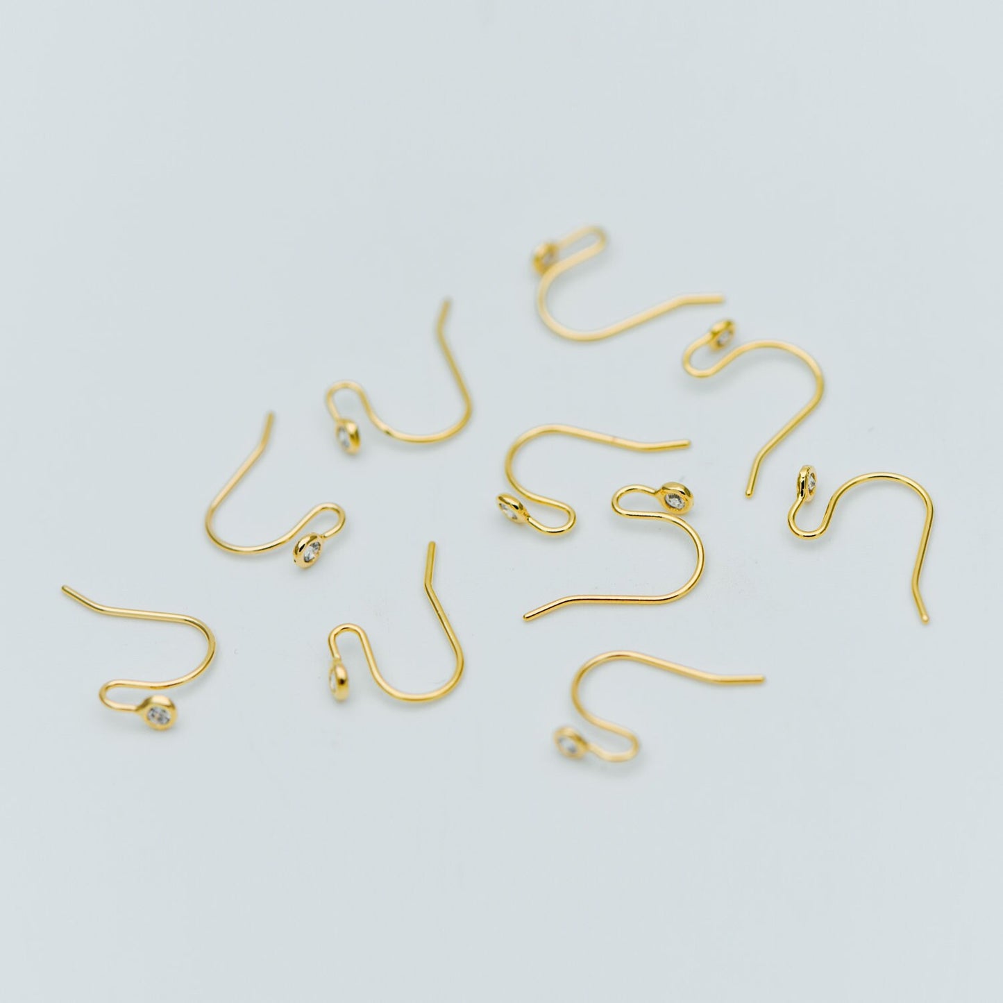 10pcs CZ Pave Gold/ Silver tone Earring Hooks, Real Gold/ Rhodium plated Brass, Simple Earwires with CZ End 15mm (GB-599)