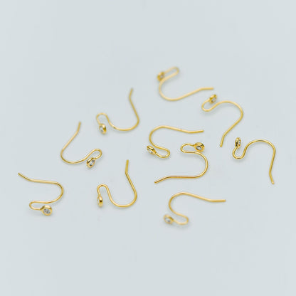 10pcs CZ Pave Gold/ Silver tone Earring Hooks, Real Gold/ Rhodium plated Brass, Simple Earwires with CZ End 15mm (GB-599)
