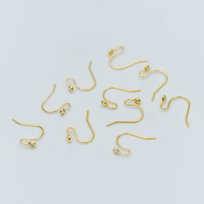 10pcs CZ Pave Gold/ Silver tone Earring Hooks, Real Gold/ Rhodium plated Brass, Simple Earwires with CZ End 15mm (GB-599)