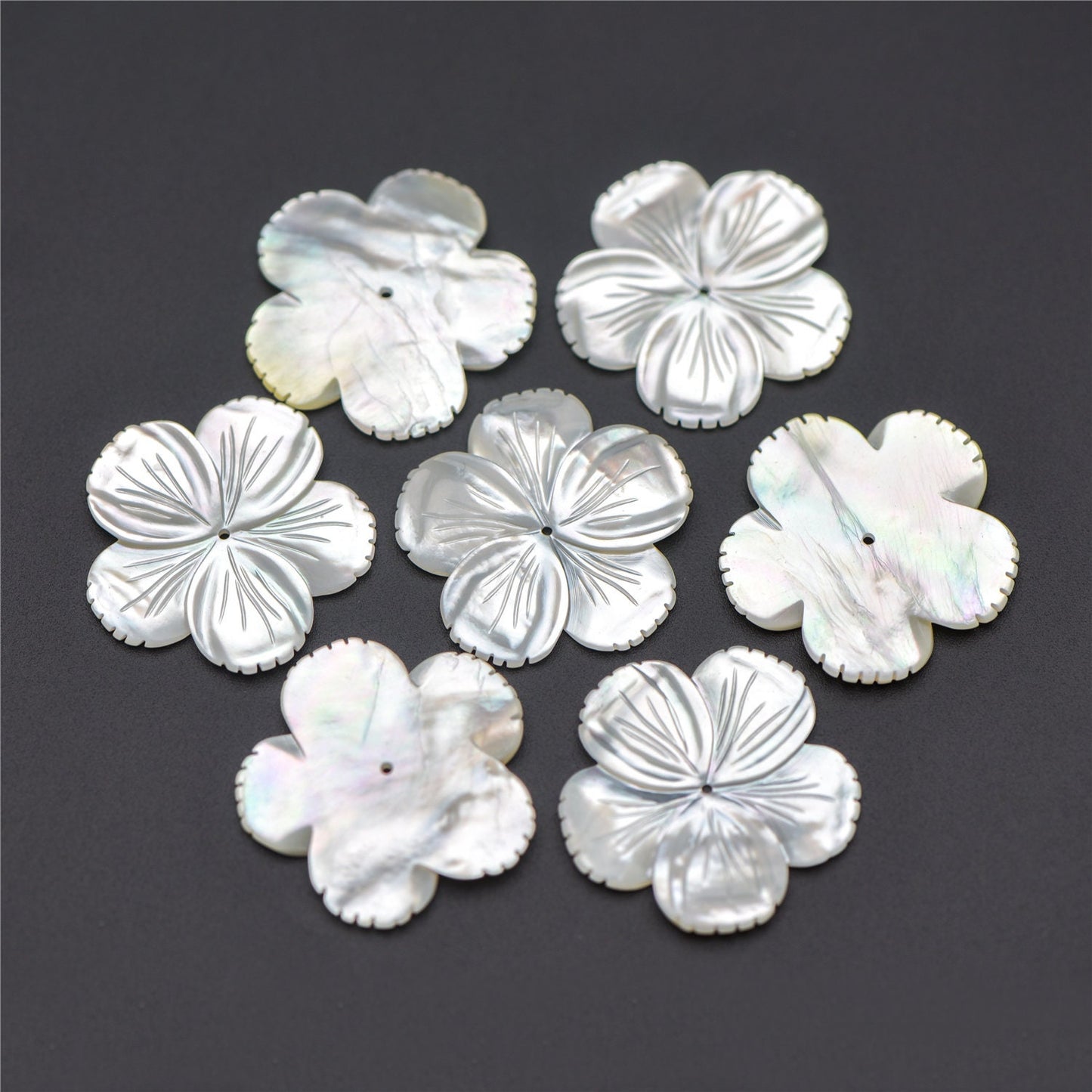 10pcs White Mother of Pearl Shell Flowers 27mm, Large MOP Carved Flowers, Center Drilled -(V1338)