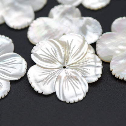 10pcs White Mother of Pearl Shell Flowers 27mm, Large MOP Carved Flowers, Center Drilled -(V1338)