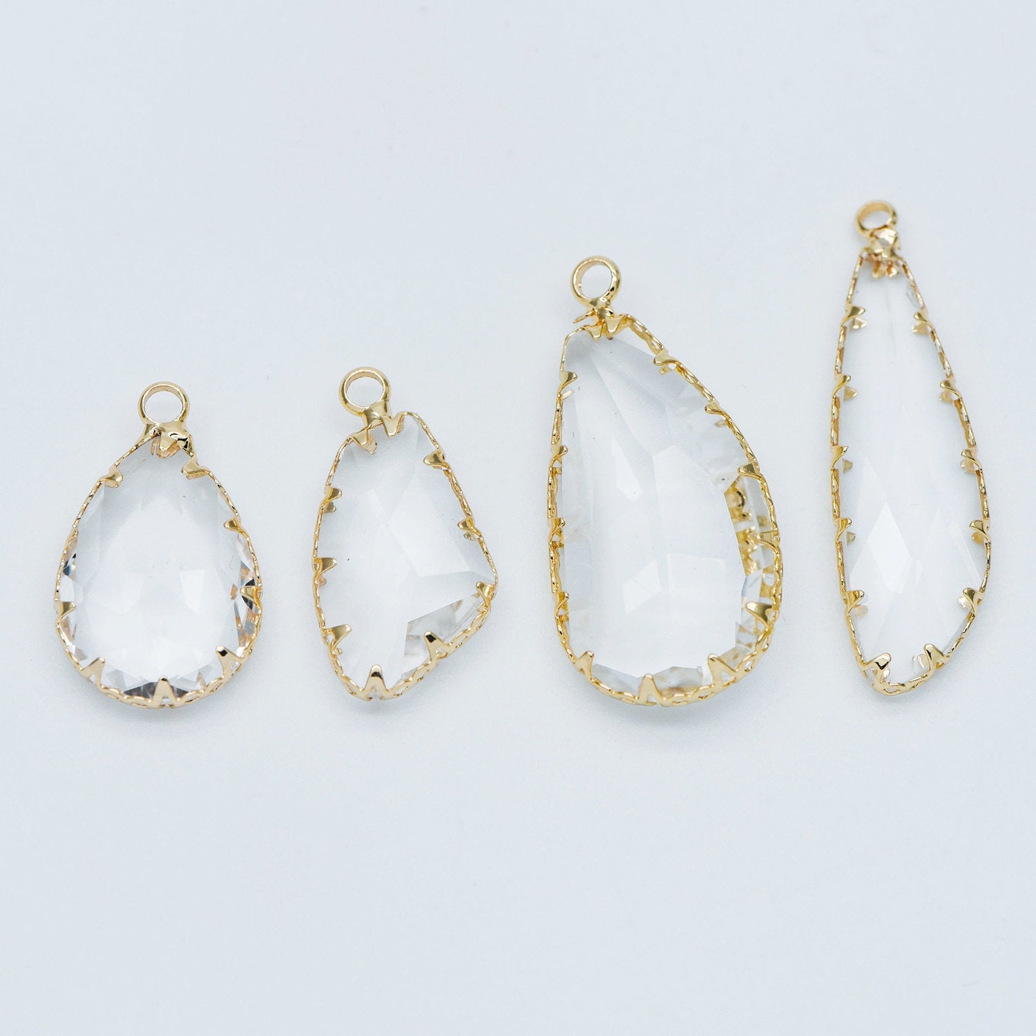 4pcs Gold Framed Clear Dangle Charms, Gold plated Brass Crystal Glass Pendants (GB-550)