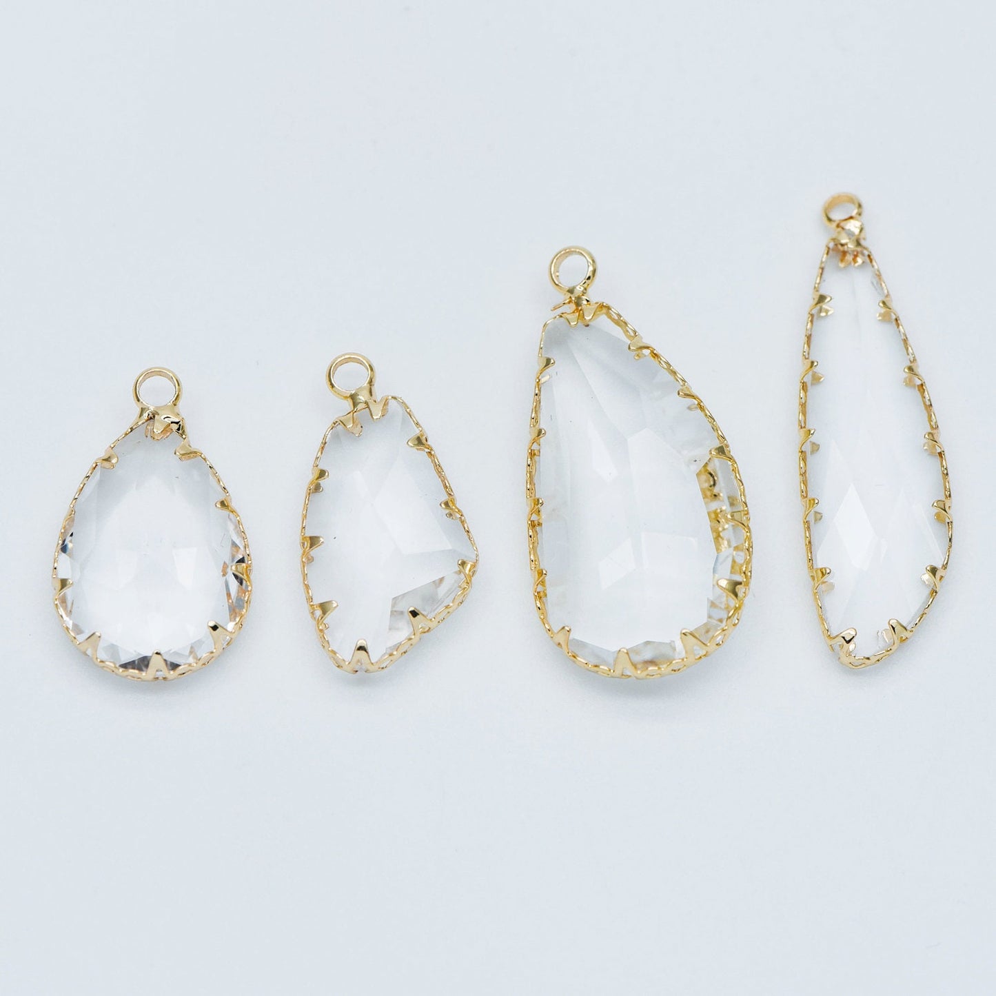 4pcs Gold Framed Clear Dangle Charms, Gold plated Brass Crystal Glass Pendants (GB-550)