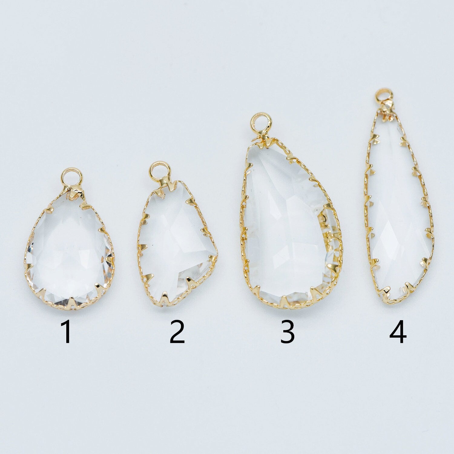 4pcs Gold Framed Clear Dangle Charms, Gold plated Brass Crystal Glass Pendants (GB-550)