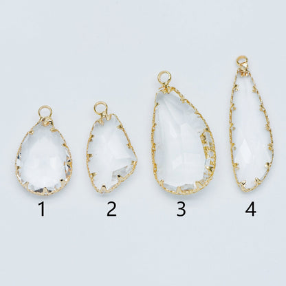 4pcs Gold Framed Clear Dangle Charms, Gold plated Brass Crystal Glass Pendants (GB-550)