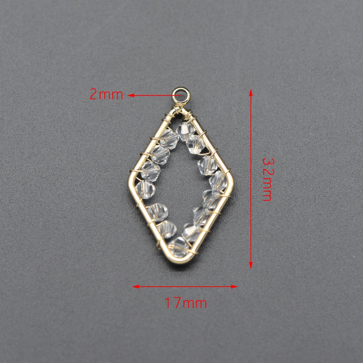 10pcs Gold Rhombus Beaded Charms 32x17mm, Wired Crystal Glass Beads Geometric Pendants, Dangle Earring Components (GB-552)