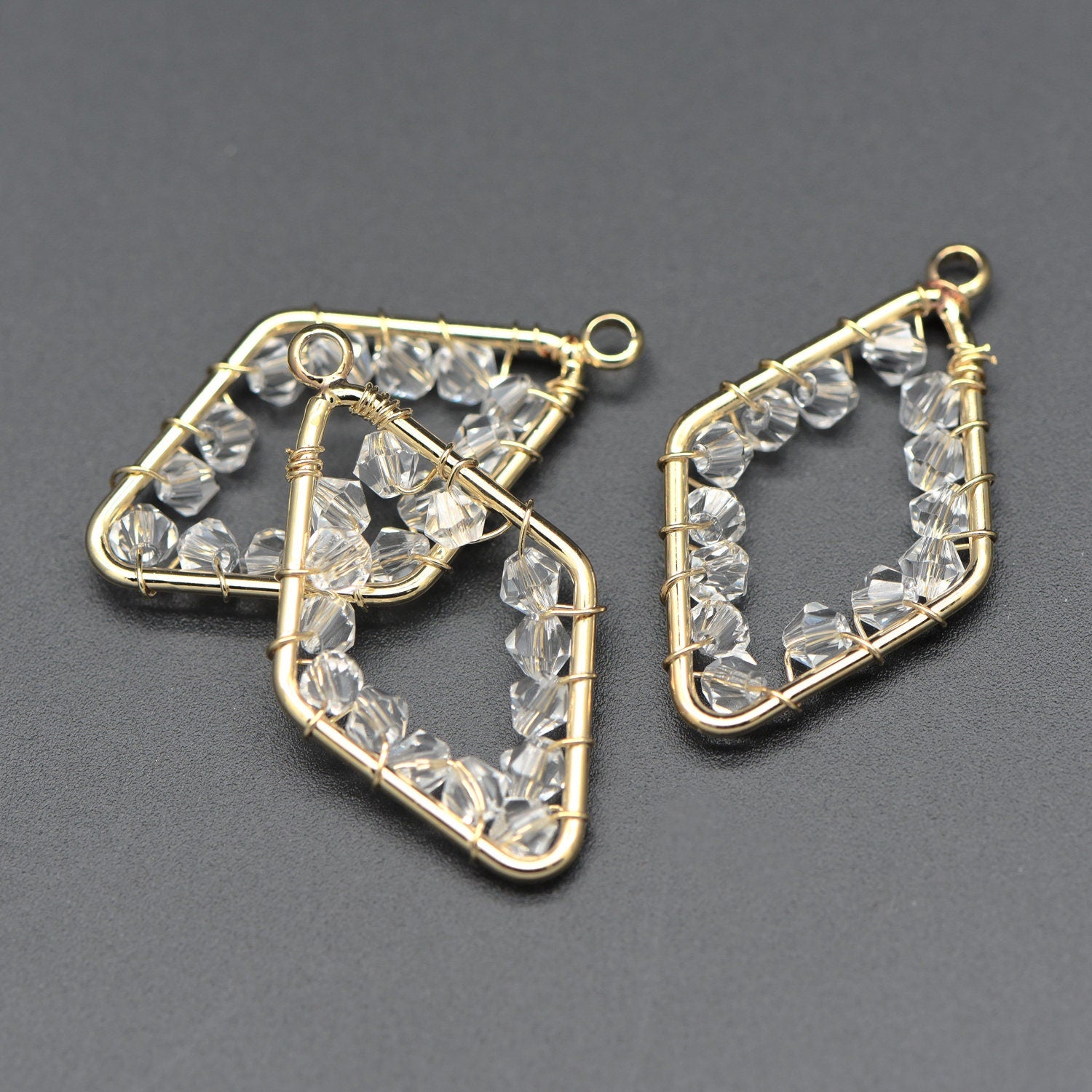 10pcs Gold Rhombus Beaded Charms 32x17mm, Wired Crystal Glass Beads Geometric Pendants, Dangle Earring Components (GB-552)