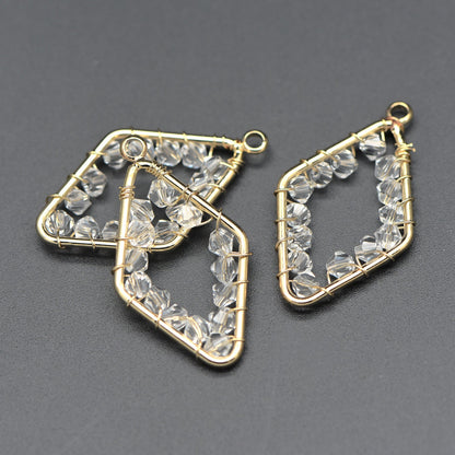 10pcs Gold Rhombus Beaded Charms 32x17mm, Wired Crystal Glass Beads Geometric Pendants, Dangle Earring Components (GB-552)