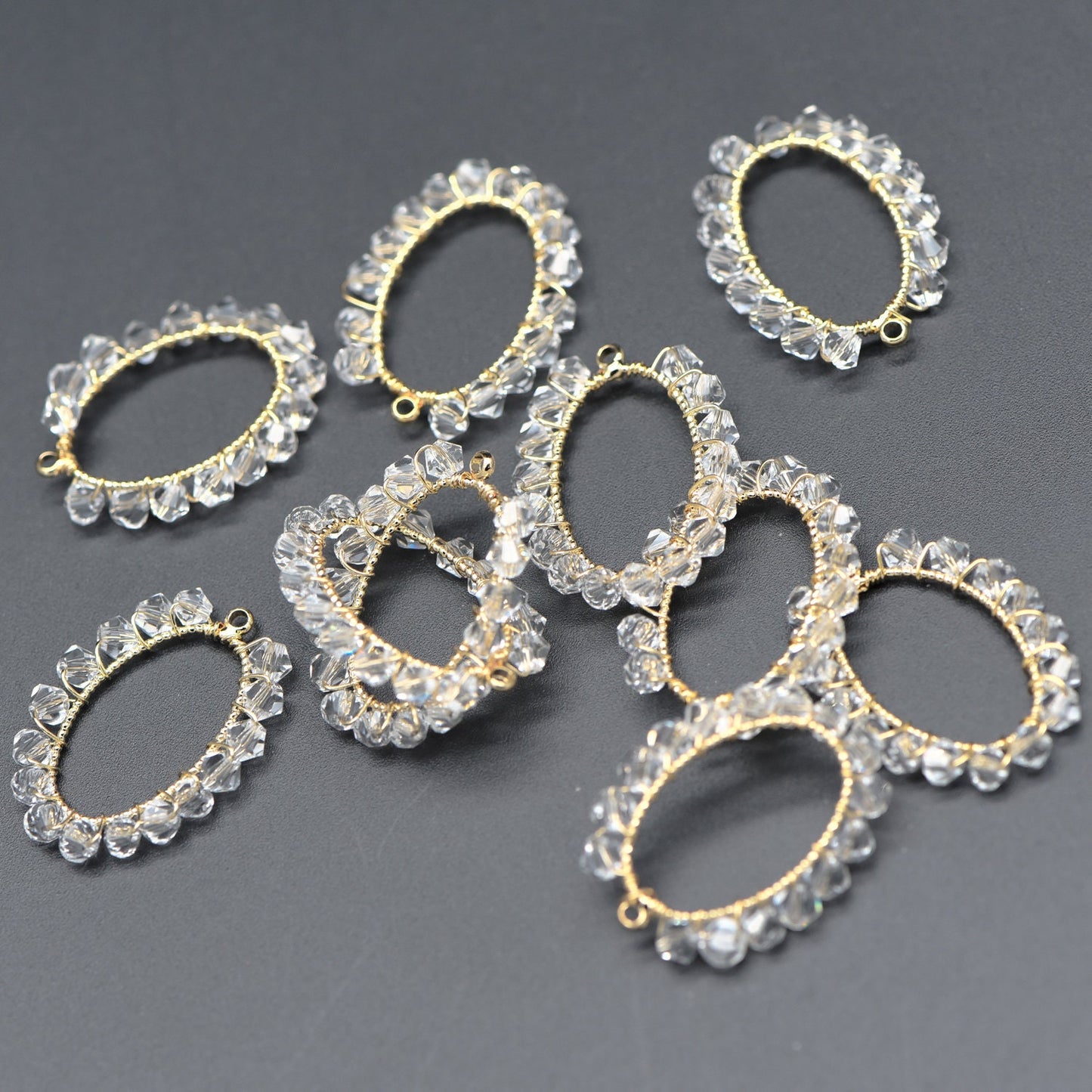 10pcs Gold Oval Beaded Charms 25x19mm, Wired Crystal Glass Beads Geometric Pendants, Dangle Earring Components (GB-552-A)