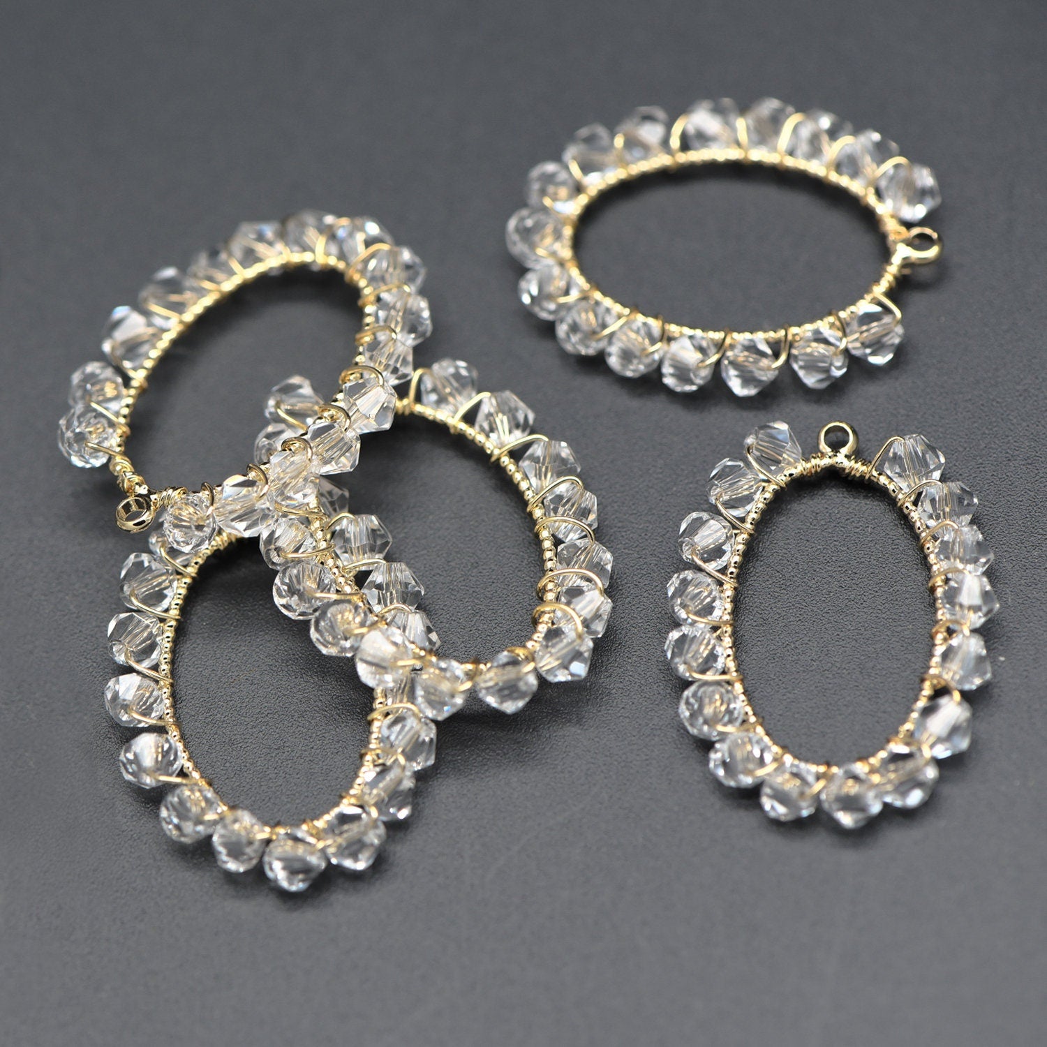 10pcs Gold Oval Beaded Charms 25x19mm, Wired Crystal Glass Beads Geometric Pendants, Dangle Earring Components (GB-552-A)