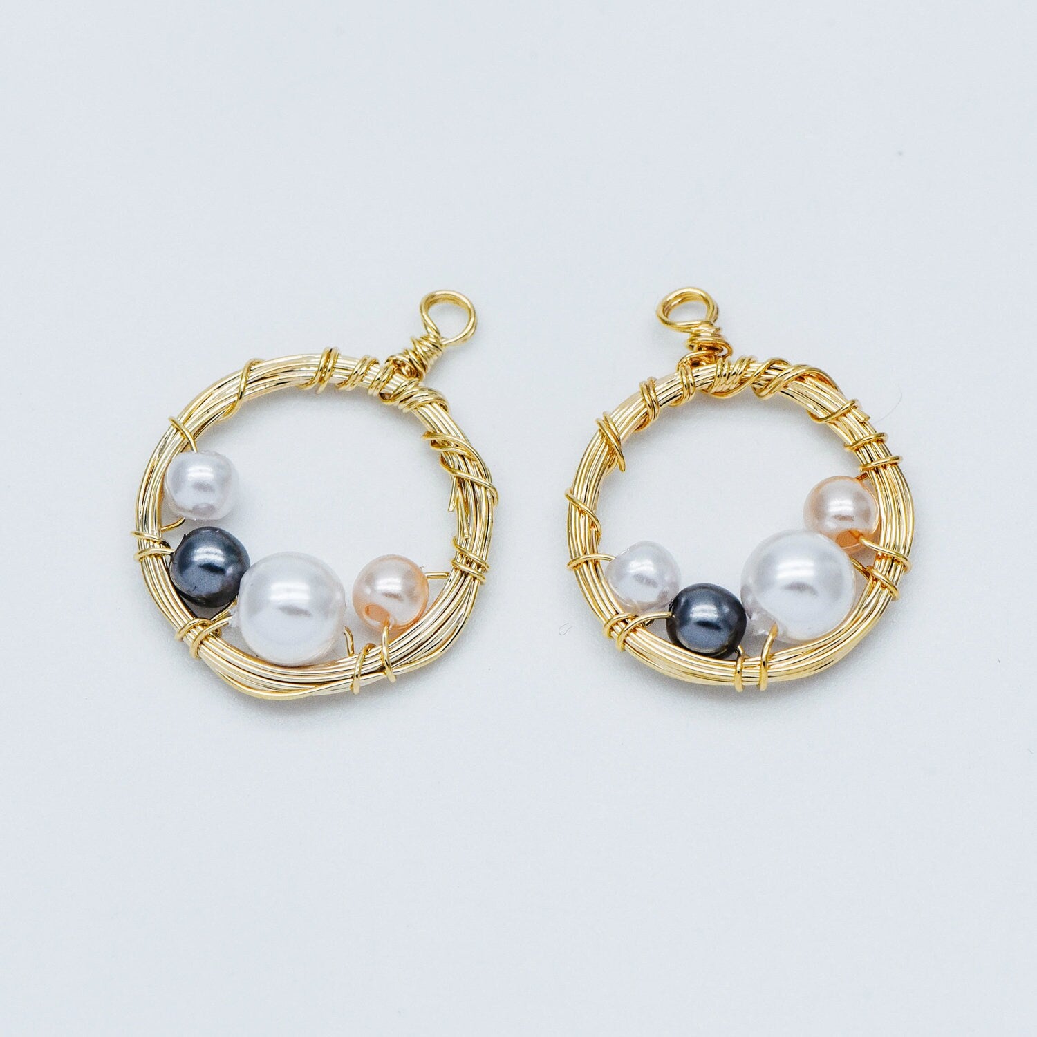 10pcs Gold Wire Wrapped Round Circle Charms 18x24mm, Faux Pearl Beaded Pendants, Geometric Earring Components (GB-562)