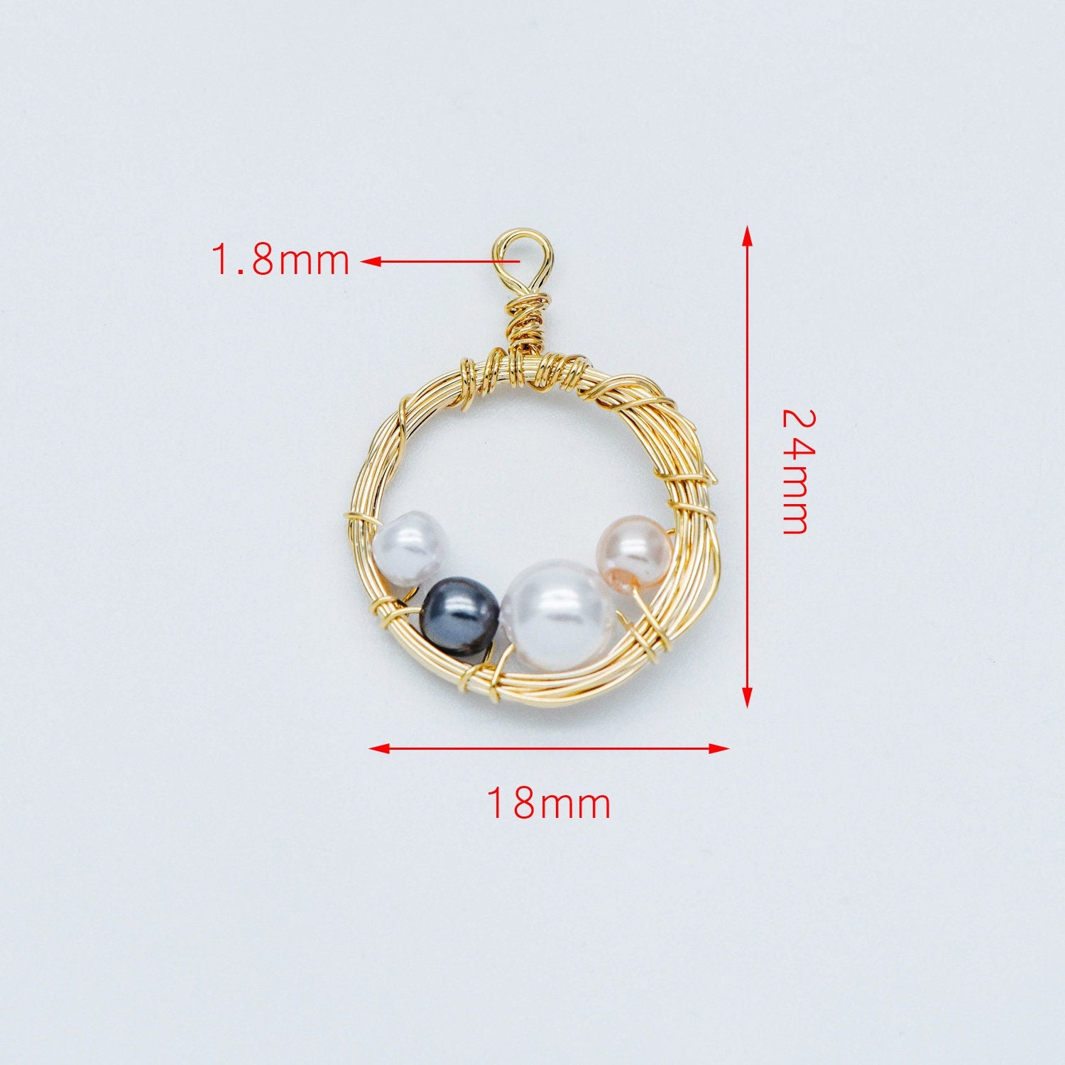 10pcs Gold Wire Wrapped Round Circle Charms 18x24mm, Faux Pearl Beaded Pendants, Geometric Earring Components (GB-562)
