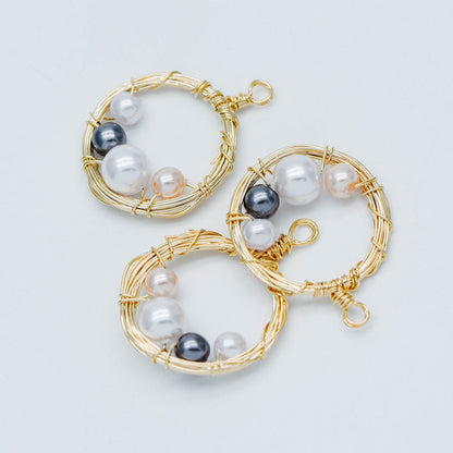8pcs Gold Wire Wrapped Round Circle Charms 18x24mm, Faux Pearl Beaded Pendants, Geometric Earring Components (GB-562)