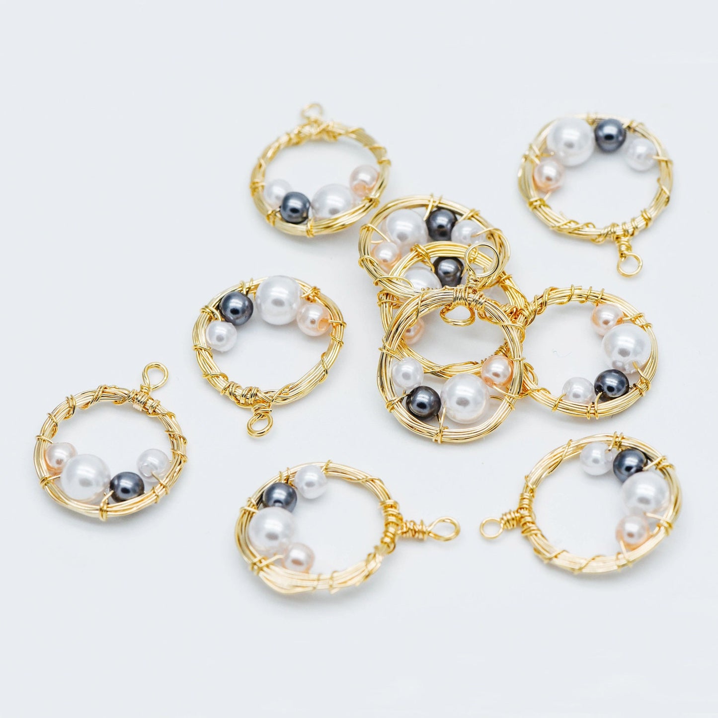 8pcs Gold Wire Wrapped Round Circle Charms 18x24mm, Faux Pearl Beaded Pendants, Geometric Earring Components (GB-562)