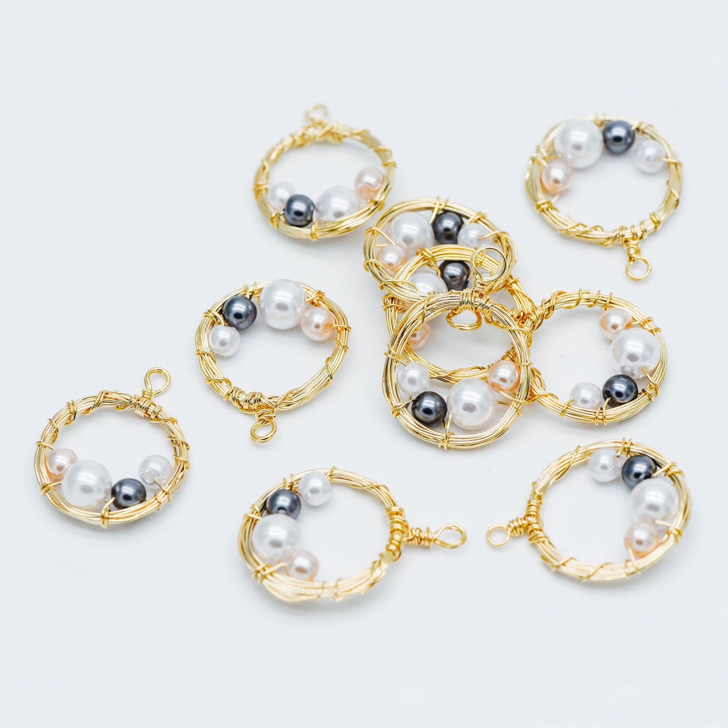 8pcs Gold Wire Wrapped Round Circle Charms 18x24mm, Faux Pearl Beaded Pendants, Geometric Earring Components (GB-562)