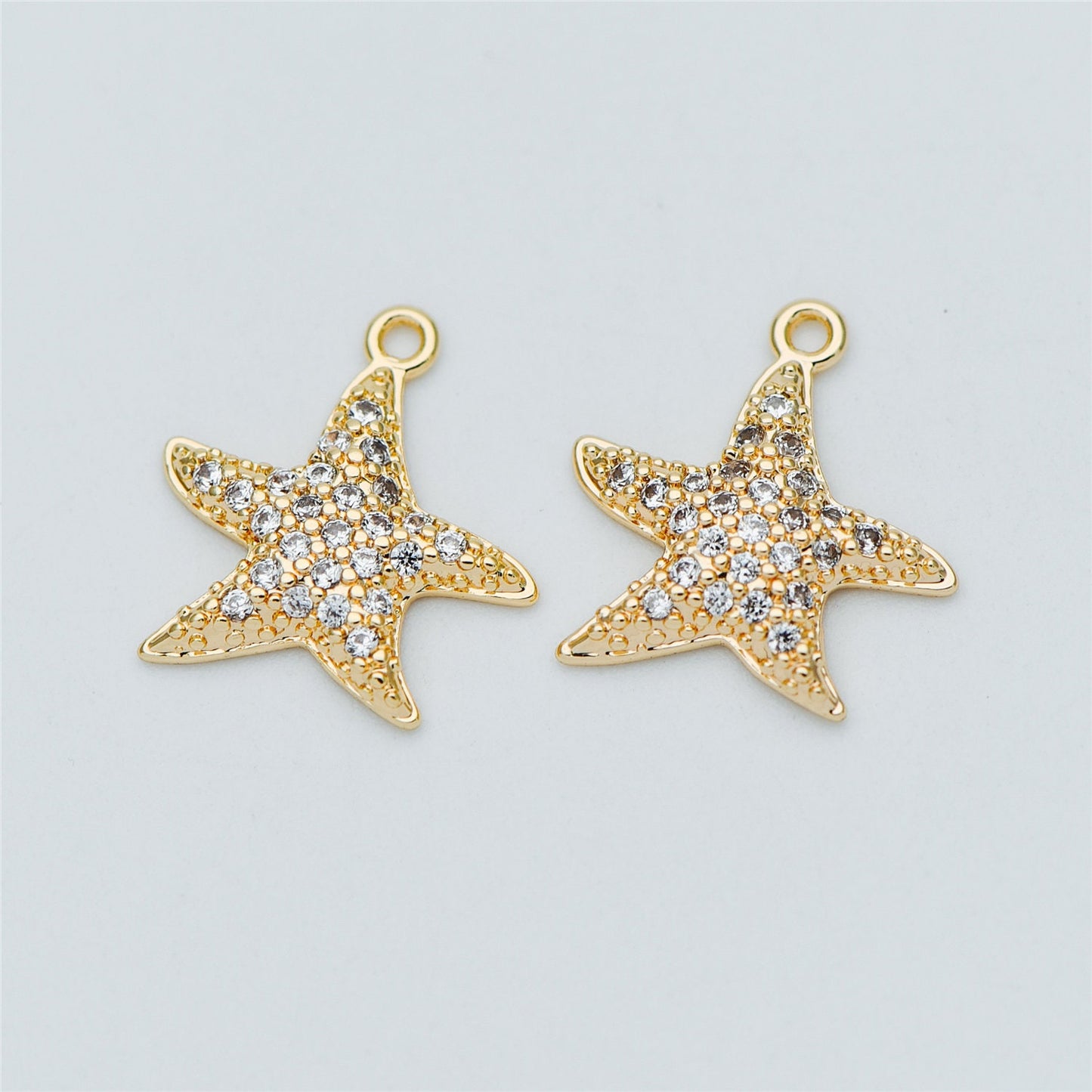 4pcs CZ Pave Gold Starfish Charms 15mm, Real 18K Gold plated Brass Star Pendants (GB-722-B)