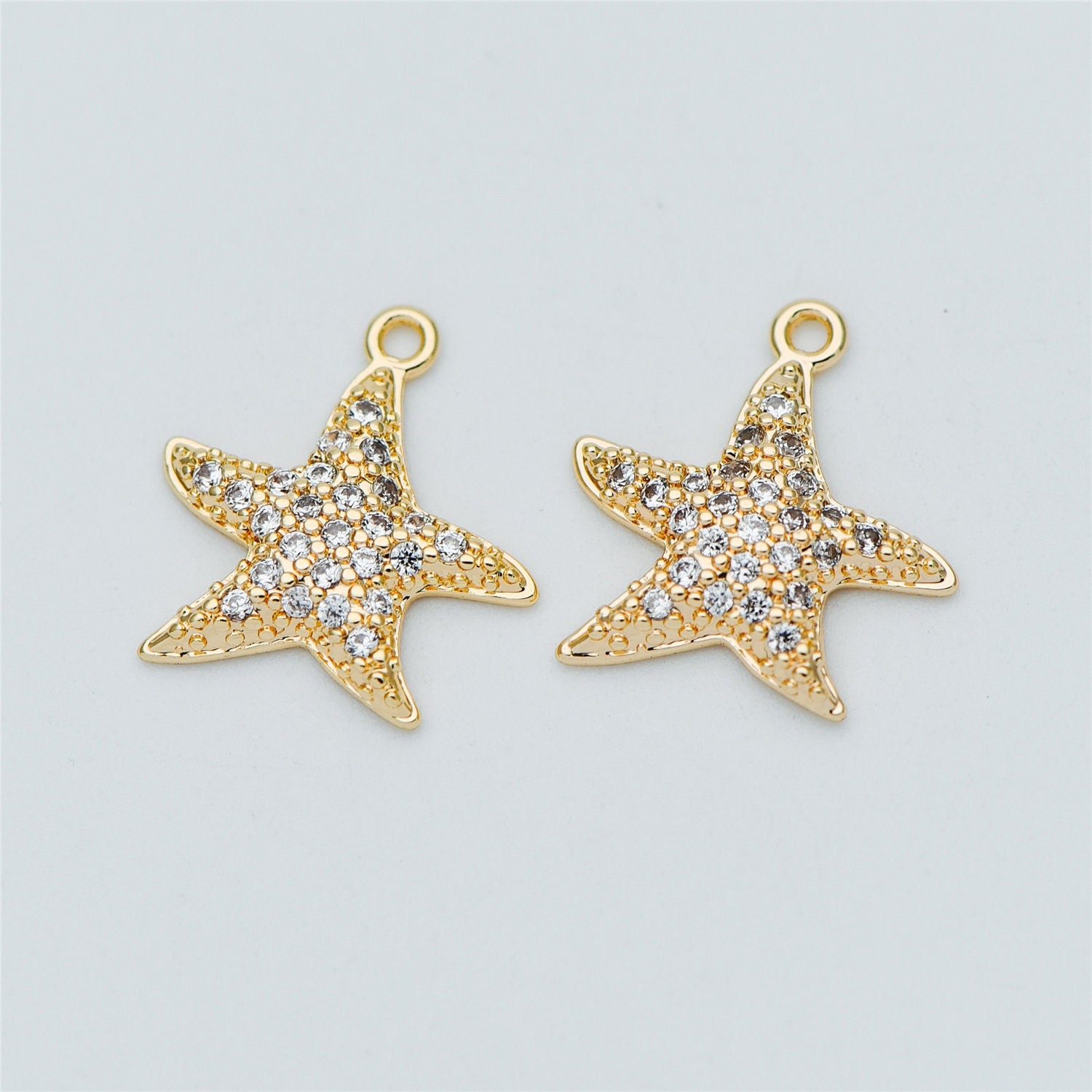 4pcs CZ Pave Gold Starfish Charms 15mm, Real 18K Gold plated Brass Star Pendants (GB-722-B)