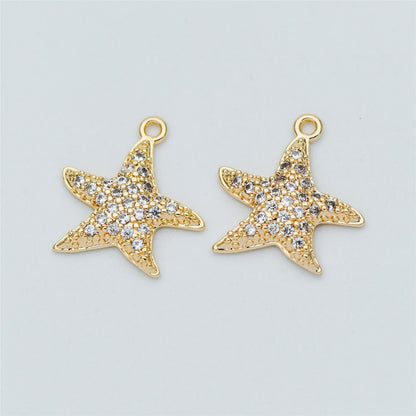4pcs CZ Pave Gold Starfish Charms 15mm, Real 18K Gold plated Brass Star Pendants (GB-722-B)