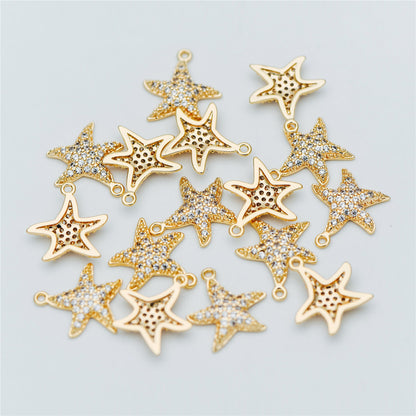 4pcs CZ Pave Gold Starfish Charms 15mm, Real 18K Gold plated Brass Star Pendants (GB-722-B)