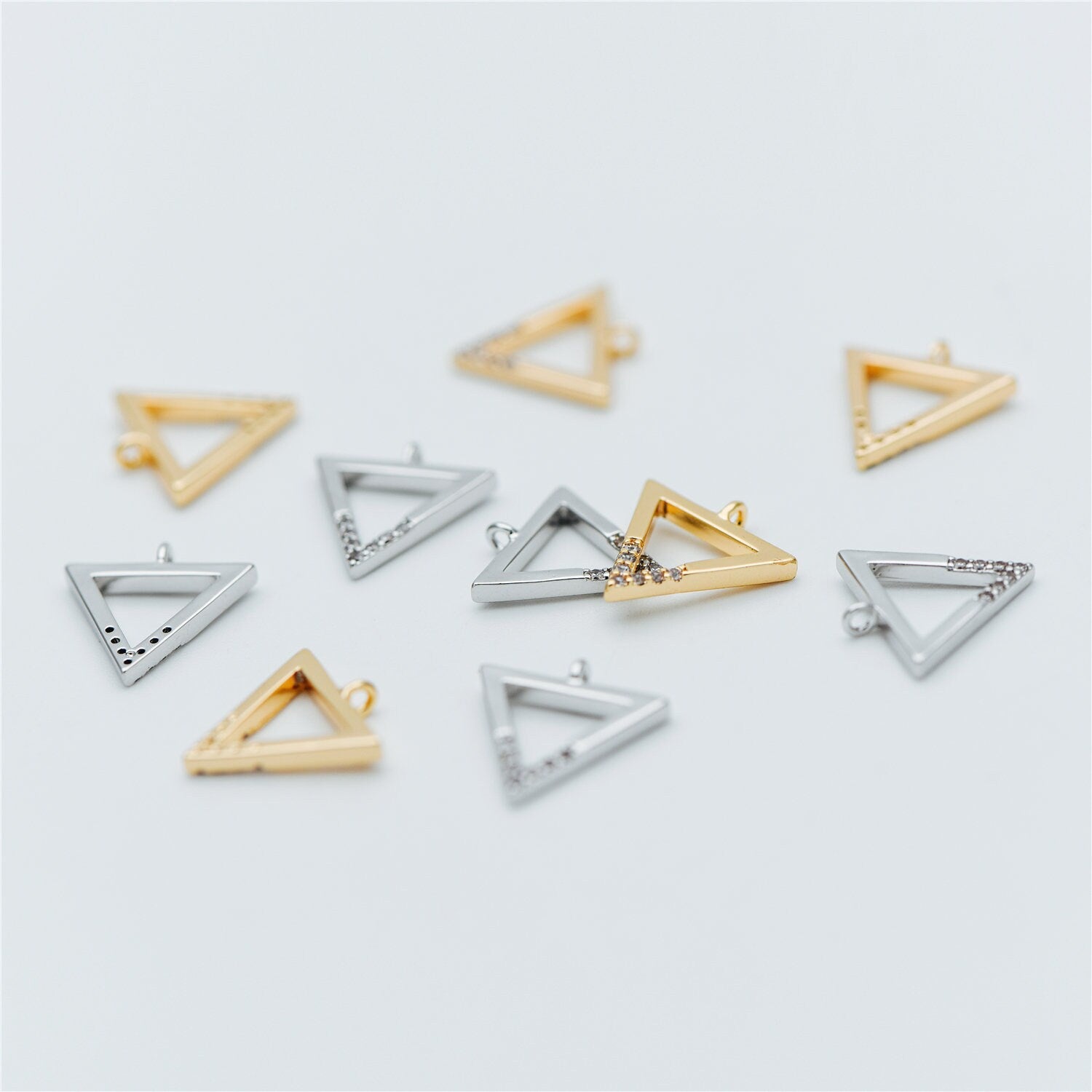 10pcs Gold/ Silver tone Triangle Charms 12mm, CZ Pave Geometric Pendants, Real Gold/ Rhodium plated Brass (GB-621)