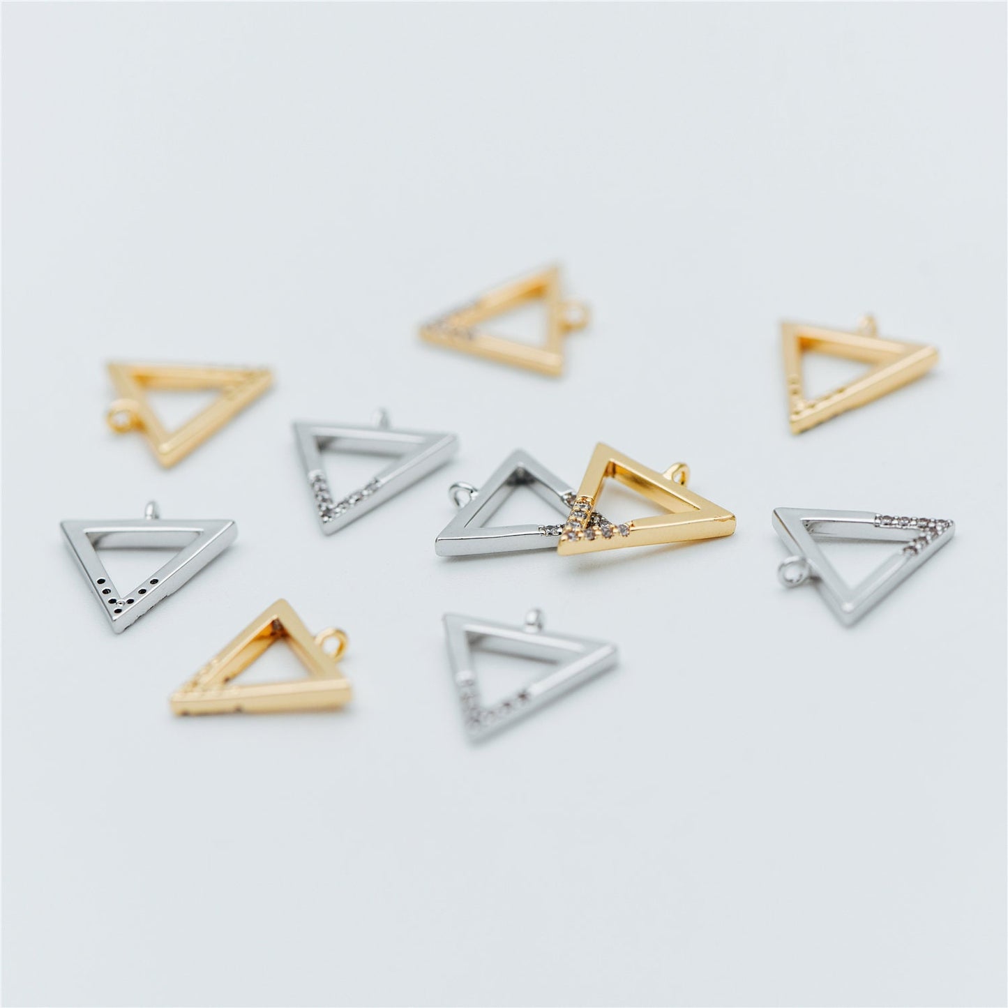 10pcs Gold/ Silver tone Triangle Charms 12mm, CZ Pave Geometric Pendants, Real Gold/ Rhodium plated Brass (GB-621)