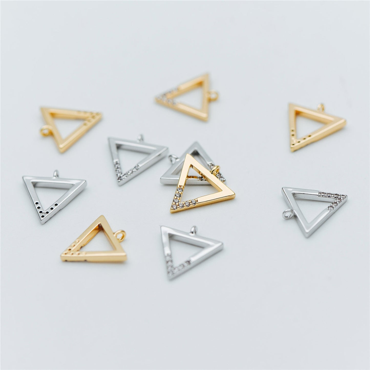 10pcs Gold/ Silver tone Triangle Charms 12mm, CZ Pave Geometric Pendants, Real Gold/ Rhodium plated Brass (GB-621)