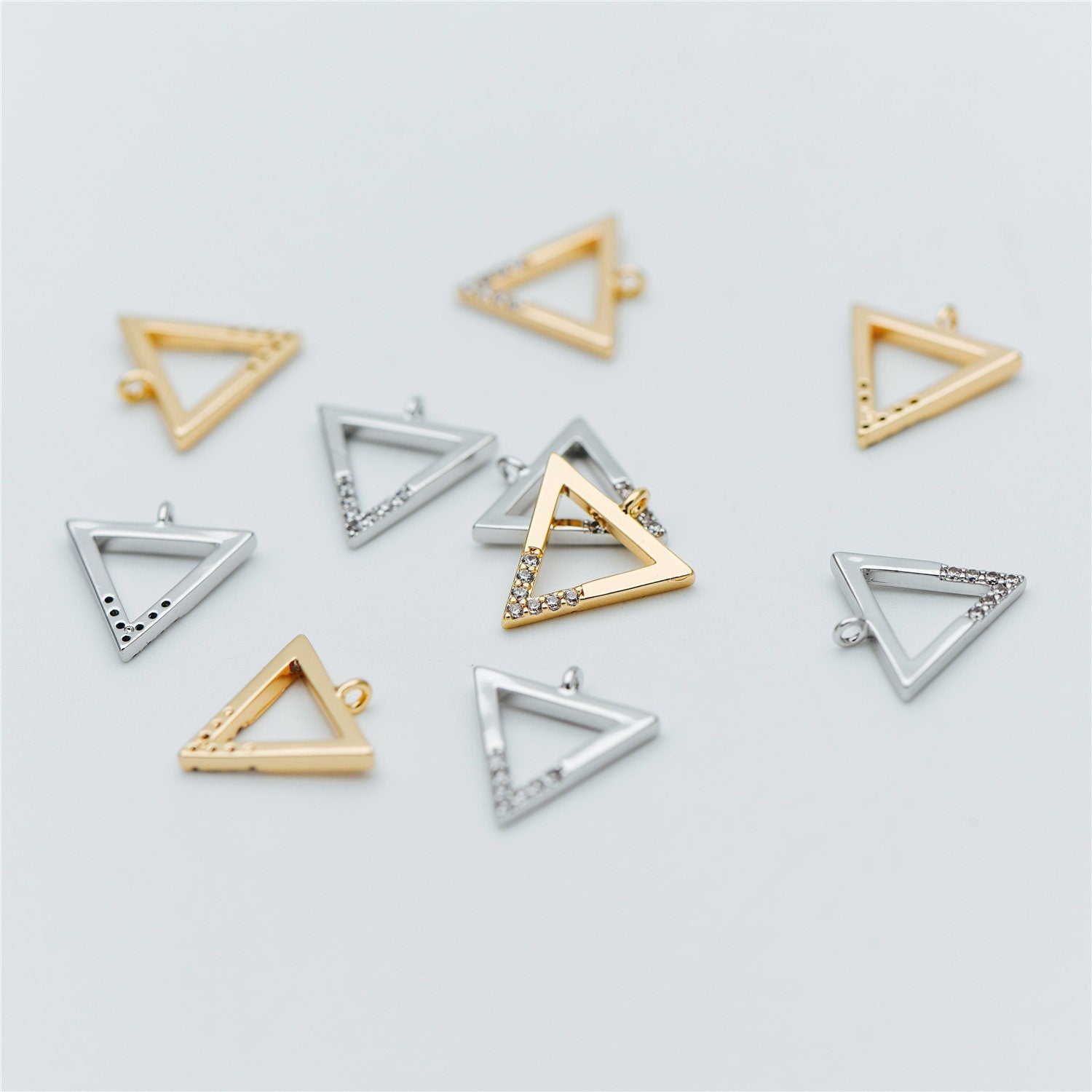 10pcs Gold/ Silver tone Triangle Charms 12mm, CZ Pave Geometric Pendants, Real Gold/ Rhodium plated Brass (GB-621)