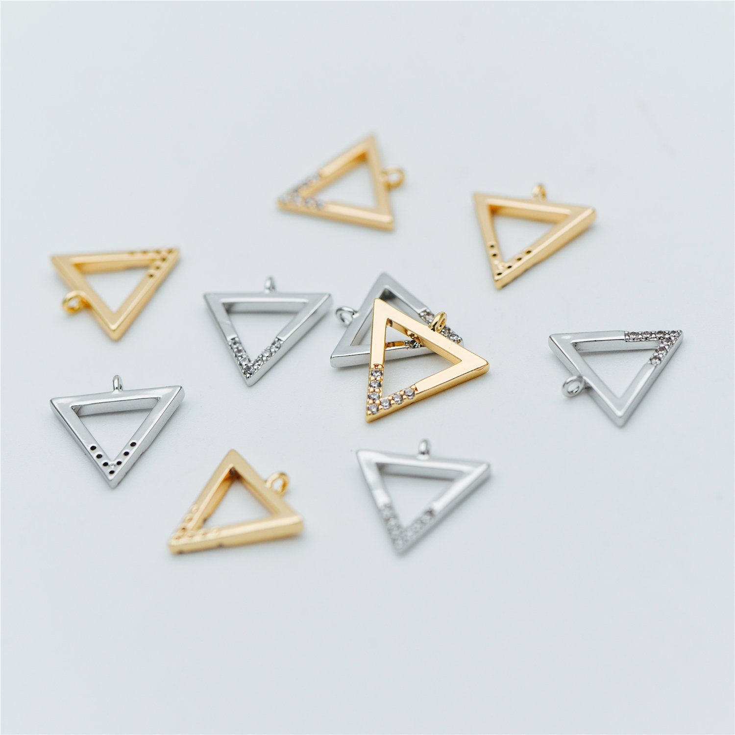 10pcs Gold/ Silver tone Triangle Charms 12mm, CZ Pave Geometric Pendants, Real Gold/ Rhodium plated Brass (GB-621)