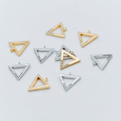 10pcs Gold/ Silver tone Triangle Charms 12mm, CZ Pave Geometric Pendants, Real Gold/ Rhodium plated Brass (GB-621)