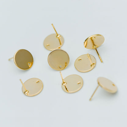 10pcs Gold/ Silver tone Round Disc Earring Posts 12/ 15mm, 18K Gold/ Rhodium plated Brass, Geometric Earring Components Wholesale (GB-624)