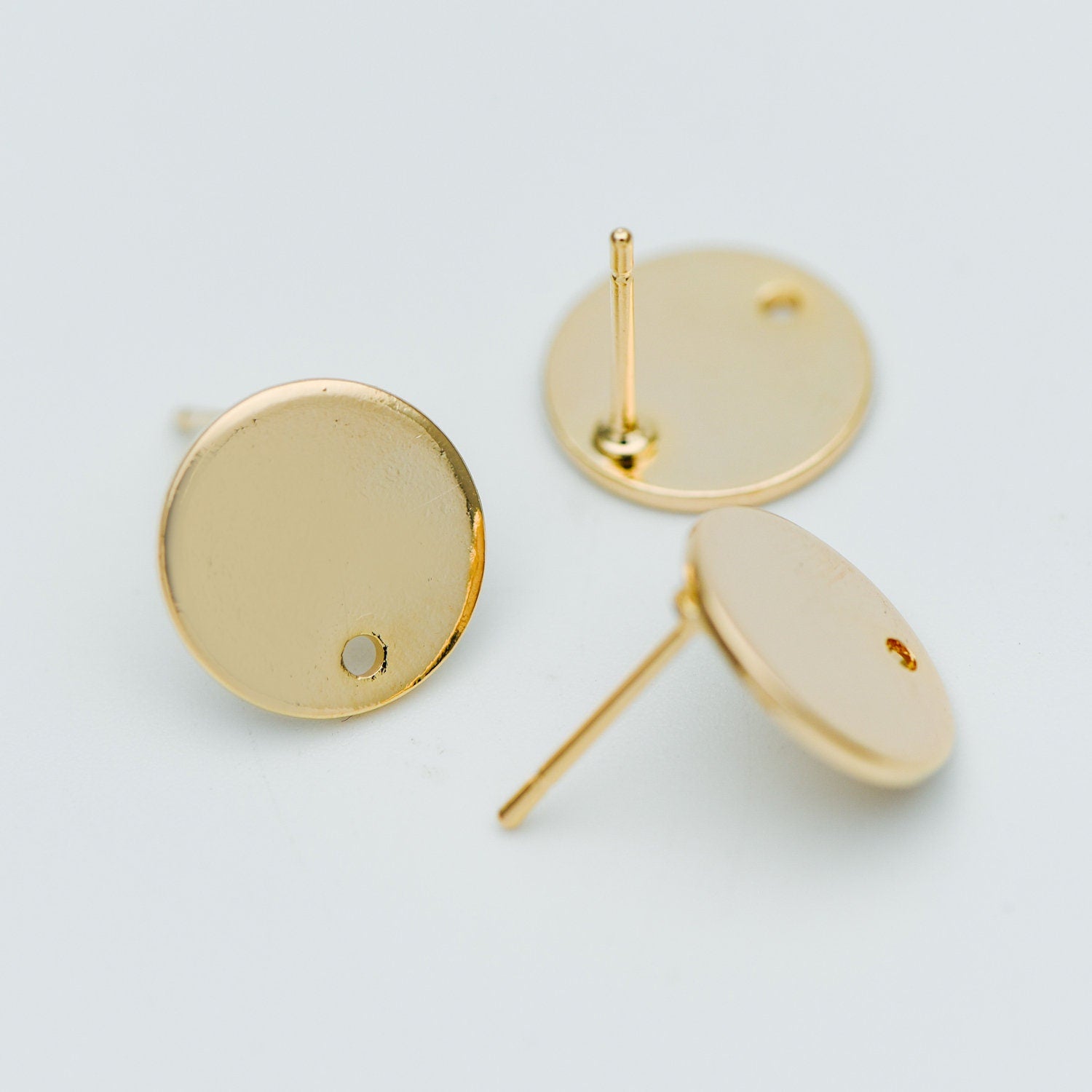 10pcs Gold/ Silver tone Round Disc Earring Posts 12/ 15mm, 18K Gold/ Rhodium plated Brass, Geometric Earring Components Wholesale (GB-624)