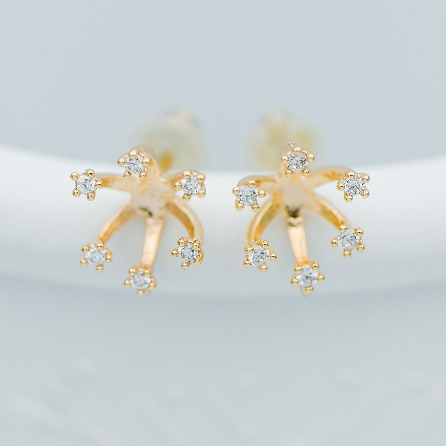 10pcs CZ Pave Gold Ear Posts, Floral Stud Earrings with Loop, Fit 6mm Pearls (GB-630)