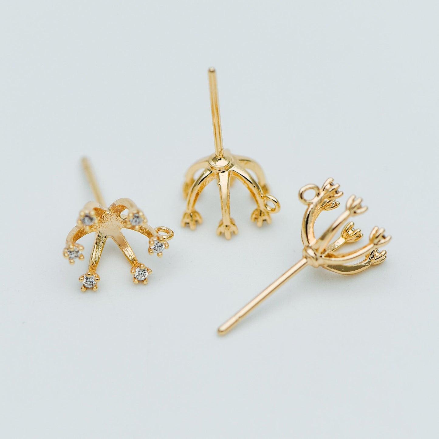 10pcs CZ Pave Gold Ear Posts, Floral Stud Earrings with Loop, Fit 6mm Pearls (GB-630)