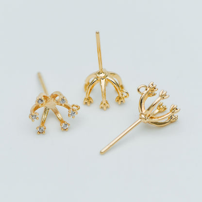 10pcs CZ Pave Gold Ear Posts, Floral Stud Earrings with Loop, Fit 6mm Pearls (GB-630)