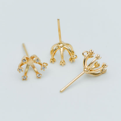 10pcs CZ Pave Gold Ear Posts, Floral Stud Earrings with Loop, Fit 6mm Pearls (GB-630)