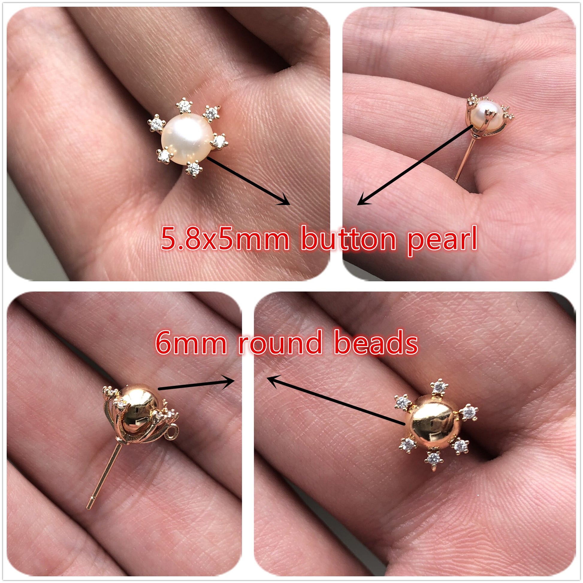 10pcs CZ Pave Gold Ear Posts, Floral Stud Earrings with Loop, Fit 6mm Pearls (GB-630)