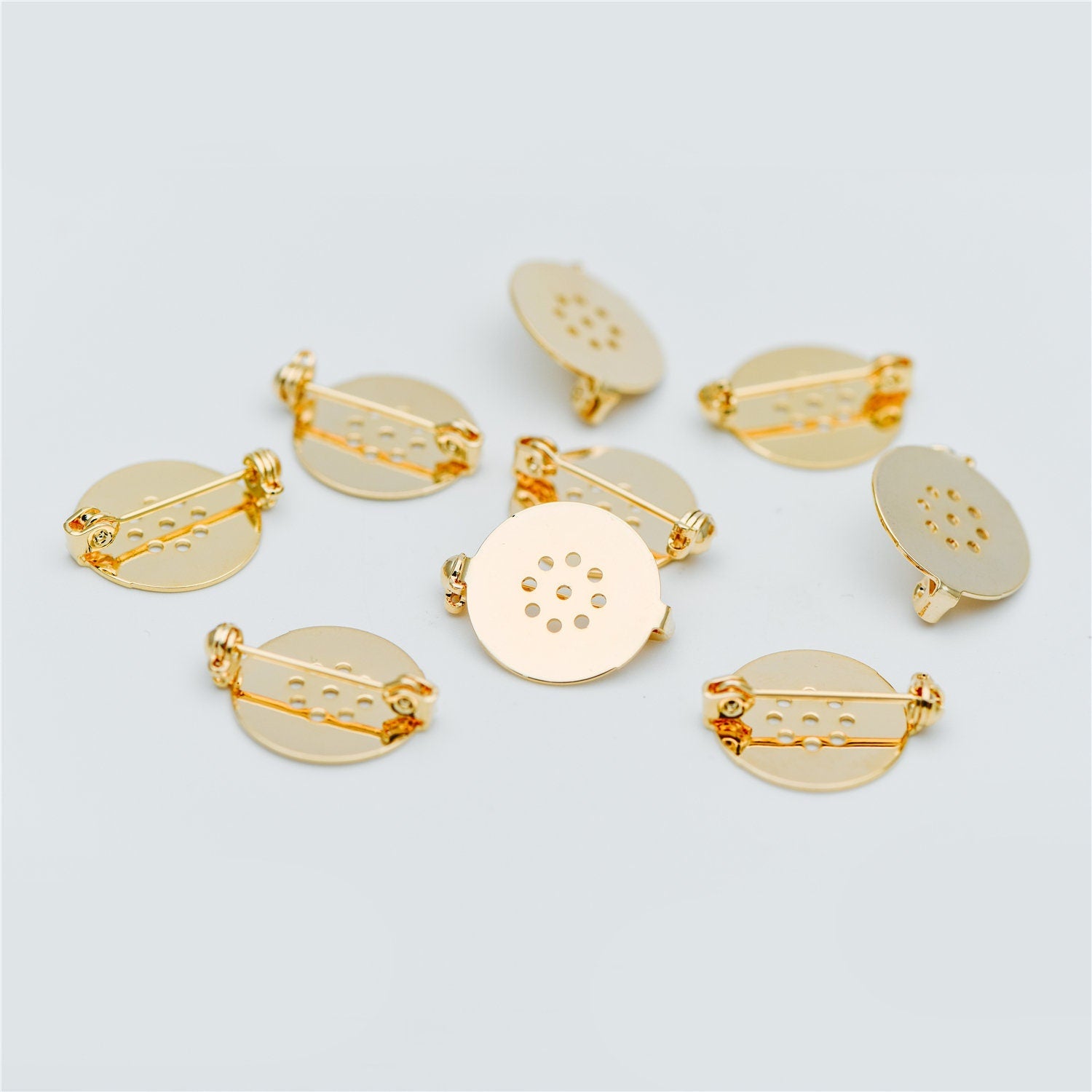 10pcs Gold Brooch Pin Blanks, Flat Pad Cabochon Blanks 18mm, Brooch Findings (GB-636)