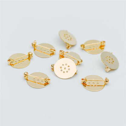 10pcs Gold Brooch Pin Blanks, Flat Pad Cabochon Blanks 18mm, Brooch Findings (GB-636)