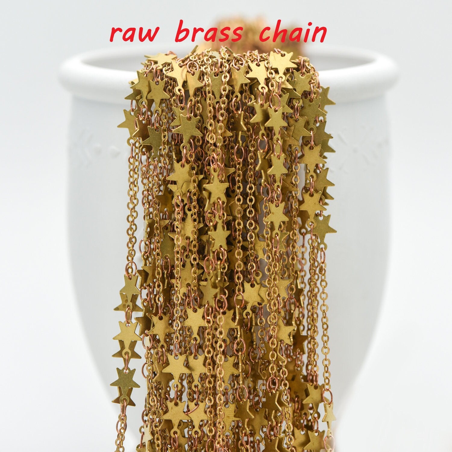 Raw Brass Star Beaded Chain 6.6mm, Unplated Star Link Chain Wholesale (#LK-214-RB)/ 1 Meter=3.3ft
