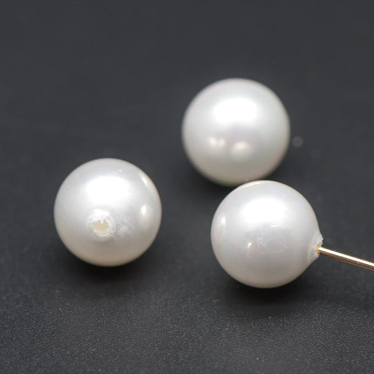 10pcs White Smooth Round Shell beads with Pearl-Colored Coating, Half Hole Drilled, Faux Pearl, 3/ 4/ 5/ 6/ 8/ 10/ 12mm- (V1337)