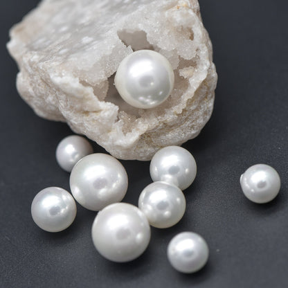 10pcs White Smooth Round Shell beads with Pearl-Colored Coating, Half Hole Drilled, Faux Pearl, 3/ 4/ 5/ 6/ 8/ 10/ 12mm- (V1337)