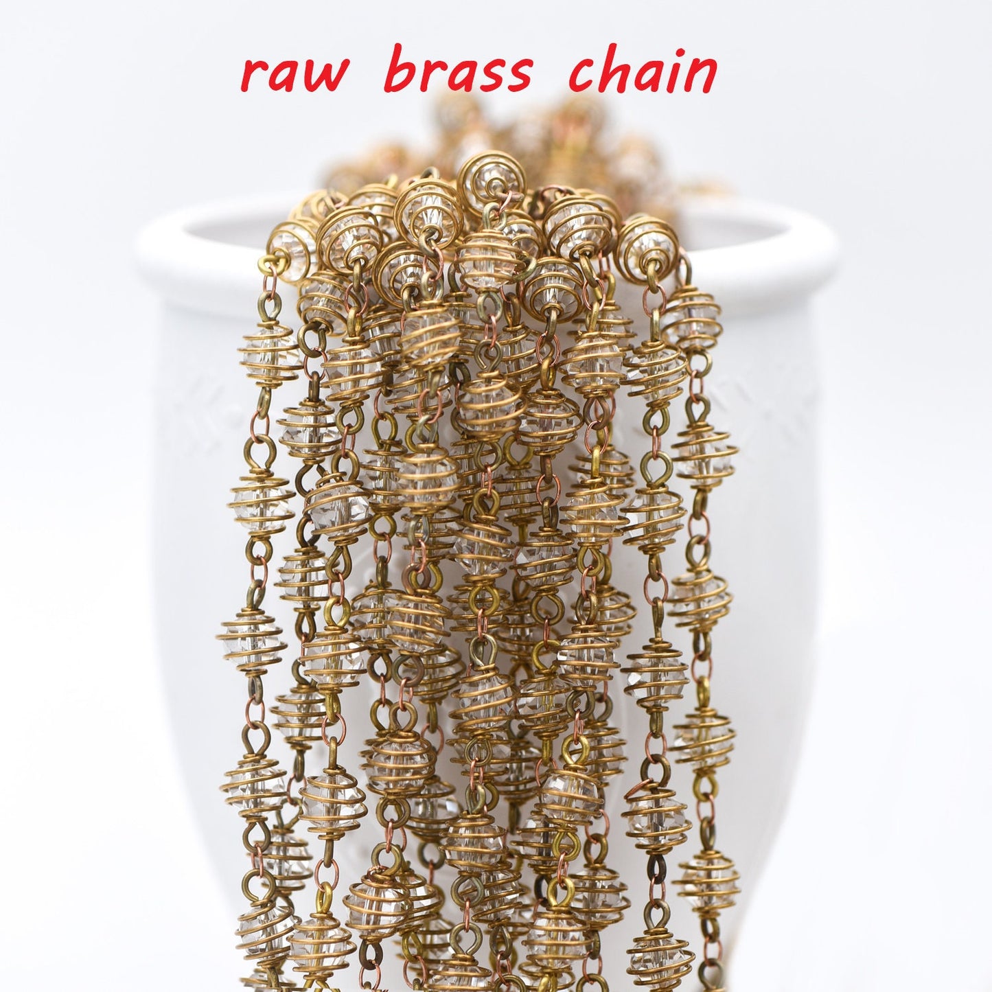 Raw Brass Crystal Bead Chain 7.5mm, Glass Rondelle Beaded Chain, Handmade Wire Chain Wholesale (#LK-218-RB)/ 1 Meter=3.3ft