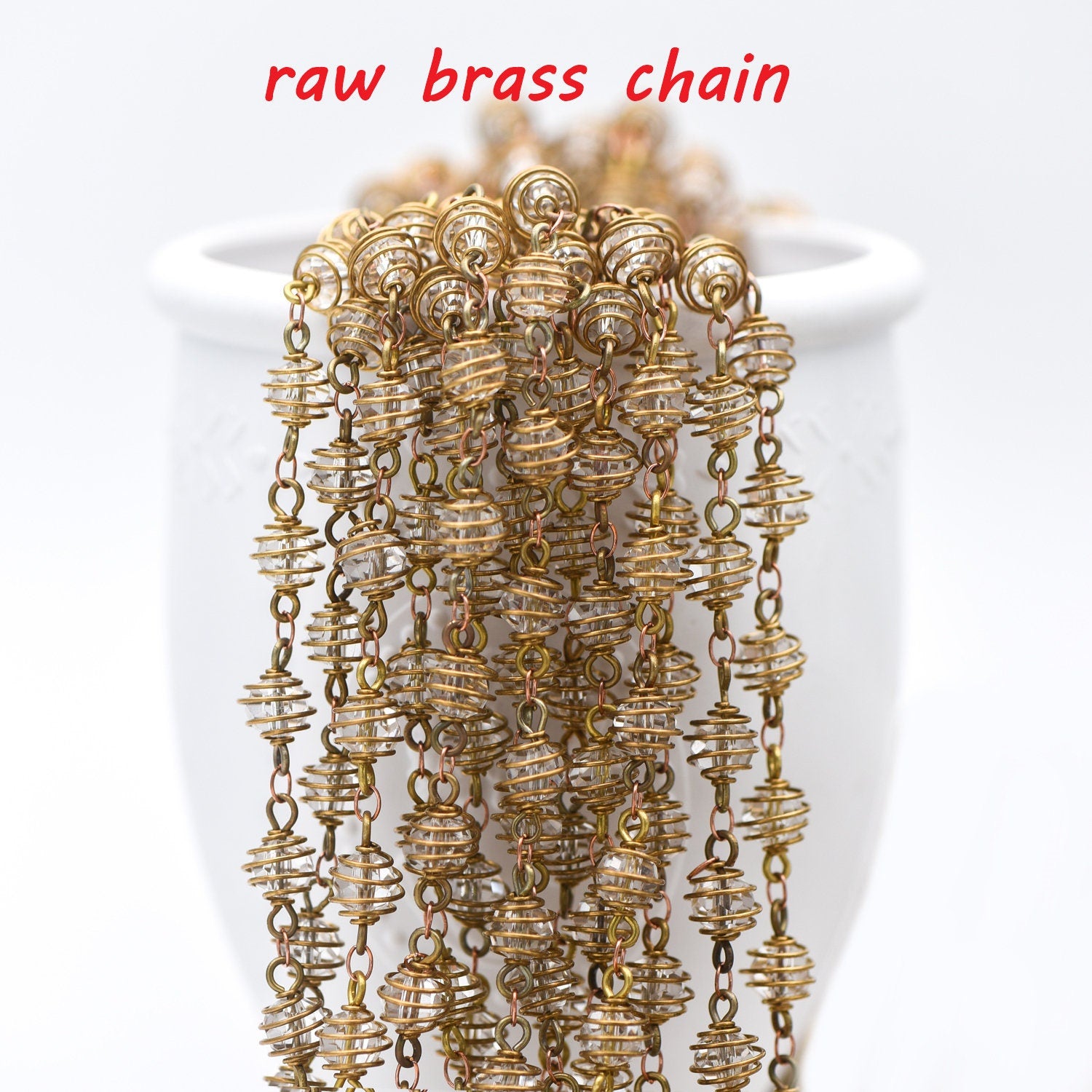 Raw Brass Crystal Bead Chain 7.5mm, Glass Rondelle Beaded Chain, Handmade Wire Chain Wholesale (#LK-218-RB)/ 1 Meter=3.3ft