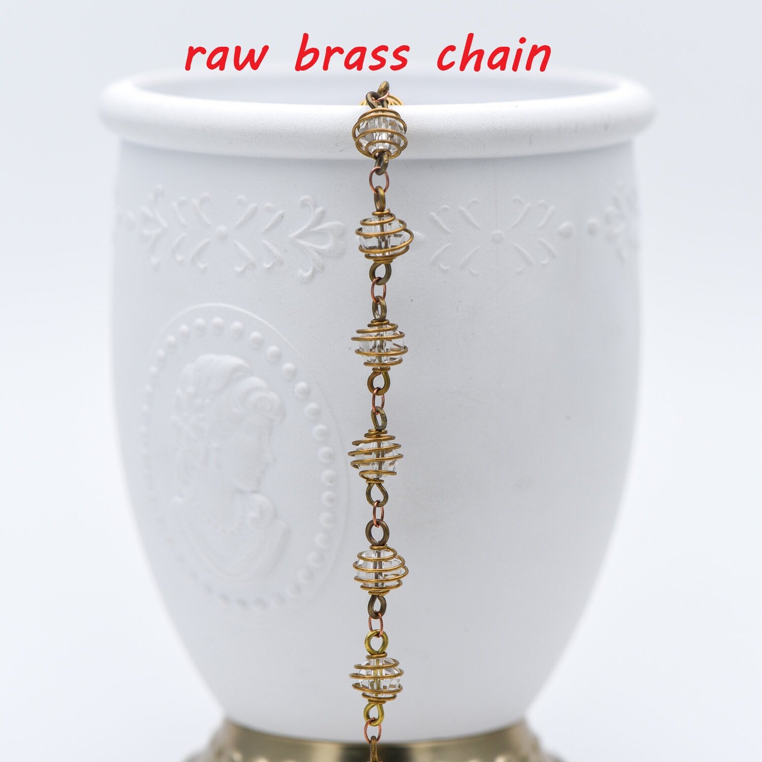 Raw Brass Crystal Bead Chain 7.5mm, Glass Rondelle Beaded Chain, Handmade Wire Chain Wholesale (#LK-218-RB)/ 1 Meter=3.3ft