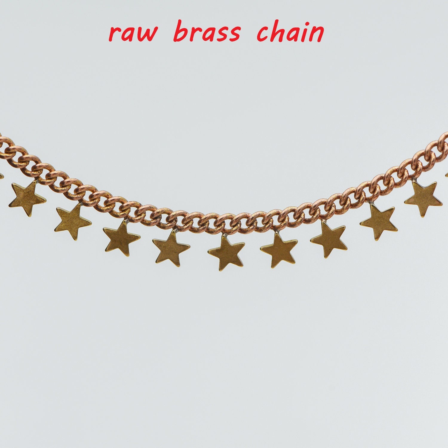 Raw Brass Star Beaded Chain, Unplated Curb Chain with Star Charms, Vintage Styled (#LK-222-RB)/ 1 Meter=3.3ft
