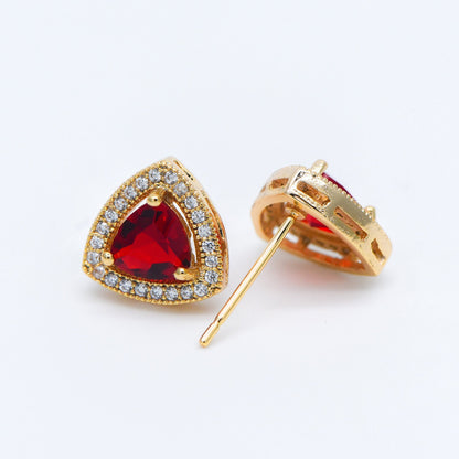 4pcs Red Triangle Stud Earrings, CZ Pave Gold plated Brass Ear Posts 11mm (#GB-571)