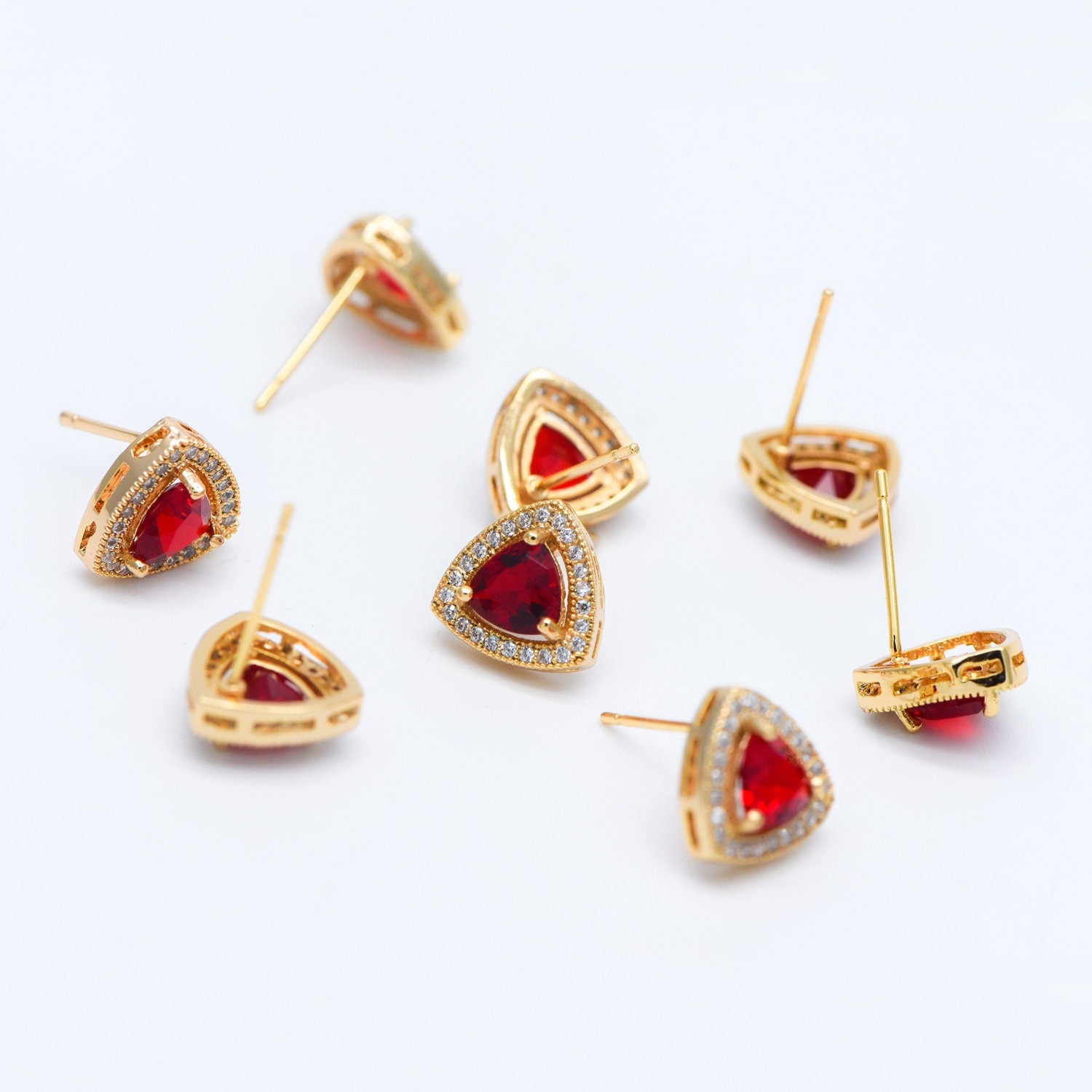 4pcs Red Triangle Stud Earrings, CZ Pave Gold plated Brass Ear Posts 11mm (#GB-571)