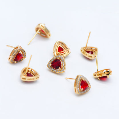 4pcs Red Triangle Stud Earrings, CZ Pave Gold plated Brass Ear Posts 11mm (#GB-571)
