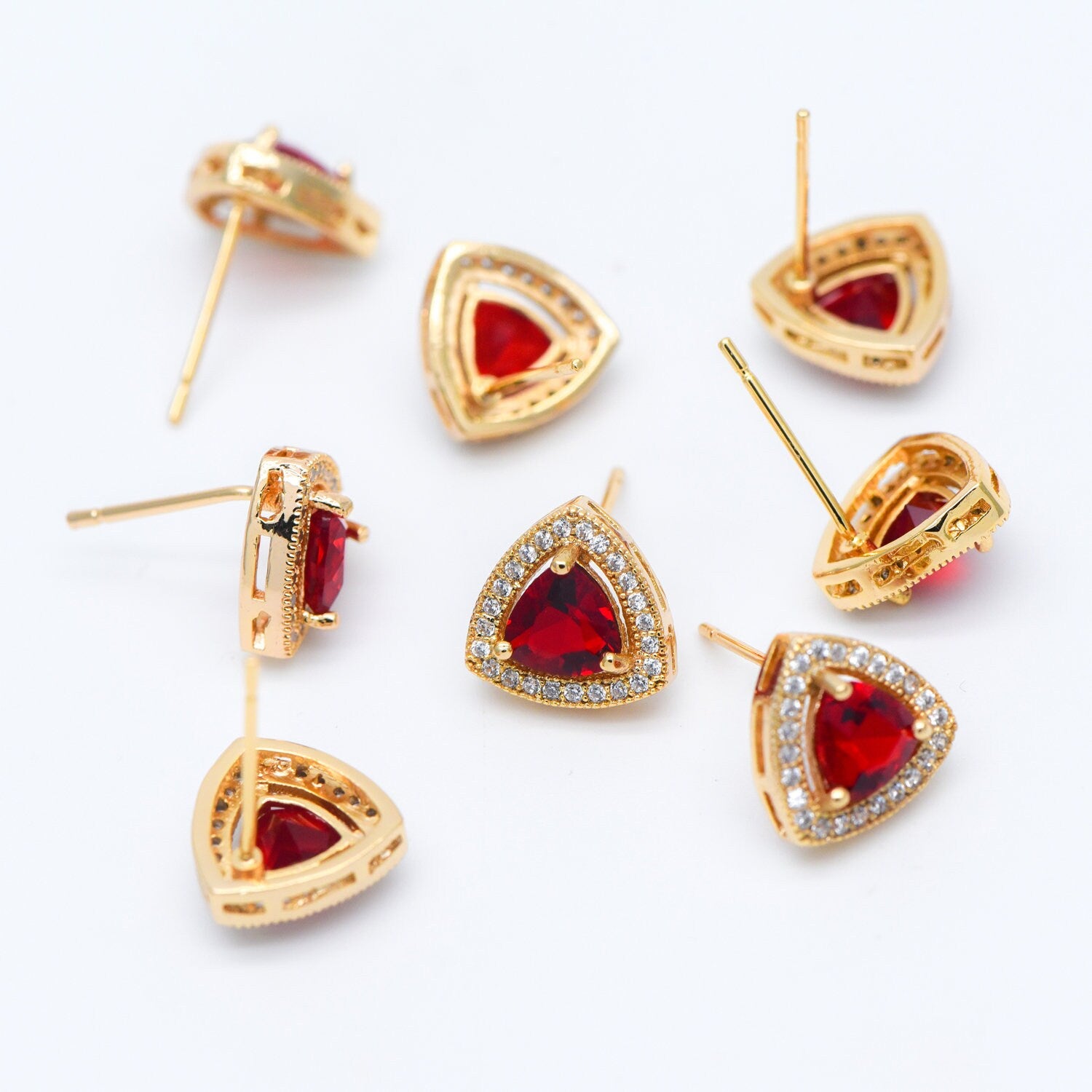 4pcs Red Triangle Stud Earrings, CZ Pave Gold plated Brass Ear Posts 11mm (#GB-571)